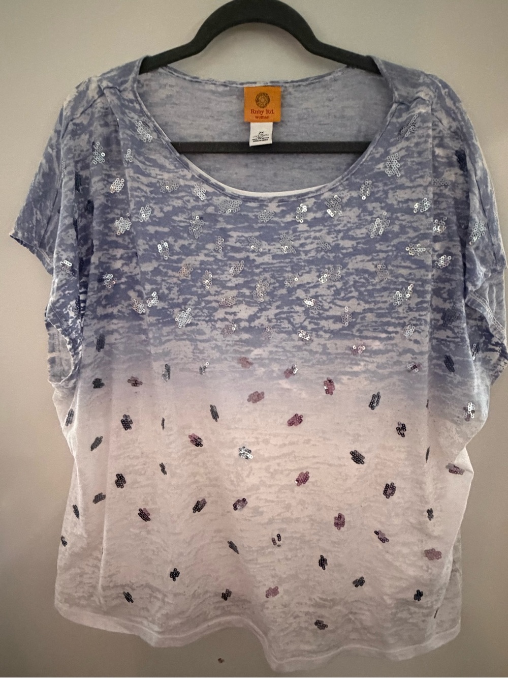 Ruby Rd. Blue and White Ombre Sequin Short Sleeve Tee